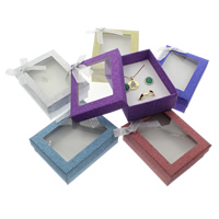 Cardboard Jewelry Set Box, finger ring & earring & necklace, with Sponge & Organza & Plastic, Rectangle, colorful powder 