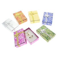 Cardboard Jewelry Set Box, finger ring & necklace, with Sponge & Organza, Rectangle, with flower pattern 