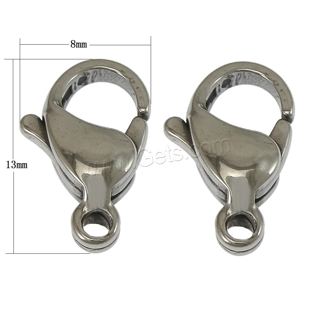 Stainless Steel Lobster Claw Clasp, machine polished, original color, 8x13x4mm, Hole:Approx 1.5mm, 500PCs/Bag, Sold By Bag