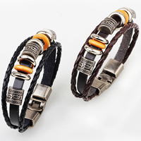 Cowhide Bracelets, with Wood & Zinc Alloy, plated 12mm Approx 7 Inch 