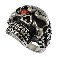 Men Stainless Steel Ring in Bulk, Skull, with rhinestone & blacken, 22mm, US Ring 