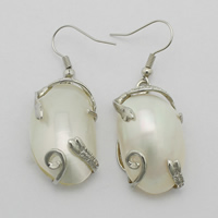 White Shell Earrings, Brass, with White Shell, Flat Oval, platinum color plated, natural, 49mm 