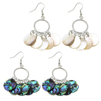 Freshwater Shell Earring, Brass, with Shell, Flat Round, platinum color plated, natural 59mm  