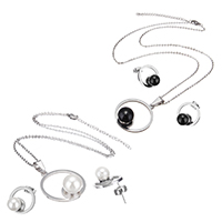 Edelstahl Schmucksets, Ohrring & Halskette, mit Kunststoff Perlen, mit Verlängerungskettchen von 2lnch, plattiert, Oval-Kette, keine, 28x32x13mm, 2x1.5mm, 16x16x9.5mm, Länge:ca. 18 ZollInch, verkauft von setzen