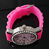 Women Wrist Watch, Zinc Alloy, with Glass & Silicone, platinum color plated, with rhinestone, bright rosy red Approx 9 Inch 