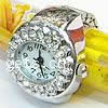 Fingerring Uhr, Zinklegierung, mit Glas, flache Runde, Platinfarbe platiniert, mit Strass, 20mm, Bohrung:ca. 18mm, Größe:8, verkauft von PC
