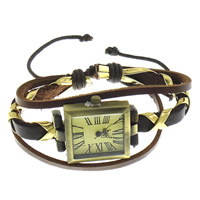 Wrap Watch, Zinc Alloy, with Waxed Cotton Cord & PU Leather & Cowhide & Glass, plated, adjustable & 8mm, 3mm Approx 7-6 Inch 