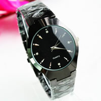 Bracelets de montre pour hommes, alliage de zinc, avec verre, Placage de couleur noire de plumbum, avec strass, sans cadmium, 35mm, 16mm Environ 9 pouce, Vendu par PC