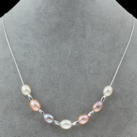 Sterling Silver Pearl Necklace, Freshwater Pearl, with 925 Sterling Silver, Rice, natural, box chain, multi-colored, Grade AA, 8-9mm Approx 17 Inch 