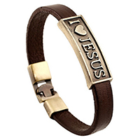 Unisex Bracelet, Zinc Alloy, with Cowhide, Rectangle, antique bronze color plated, with letter pattern, 10mm Approx 8.2 Inch 