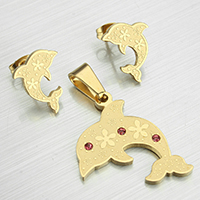 Bijoux strass en acier inoxydable Set, pendentif & boucle d'oreille, dauphin, Placage de couleur d'or, avec strass  Environ Vendu par fixé