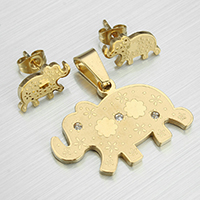 Rhinestone Edelstahl Schmuck Set, Anhänger & Ohrring, Elephant, goldfarben plattiert, mit Strass, 31x20.5x2mm, 13.5x8x13mm, Bohrung:ca. 4.5x7mm, verkauft von setzen