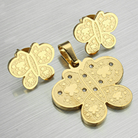 Bijoux strass en acier inoxydable Set, pendentif & boucle d'oreille, papillon, Placage de couleur d'or, avec strass  Environ Vendu par fixé