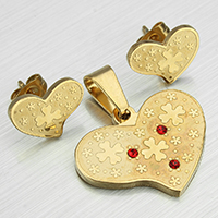Rhinestone stainless steel Jewelry Set, pendant & earring, Heart, gold color plated, with rhinestone  Approx 