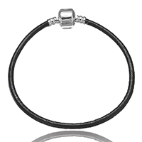 Cowhide European Bracelet Cord, brass European clasp, platinum color plated, black, 3mm Approx 7.5 Inch 