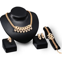 Rhinestone Zinc Alloy Jewelry Set, finger ring & bracelet & earring & necklace, stainless steel earring post and Omega clip, with 5cm extender chain, rose gold color plated, with rhinestone, lead & cadmium free   US Ring .5-8 Approx 7 Inch, Approx  17.5 Inch 