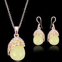 Rhinestone Zinc Alloy Jewelry Set, earring & necklace, with iron chain & Cats Eye, brass earring hook, Teardrop, rose gold color plated, oval chain & with rhinestone, green, lead & cadmium free  Approx 17.5 Inch 