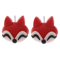 Polymer Clay Stud Earring, iron post pin, Fox, handmade, red 