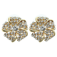 Zinc Alloy Rhinestone Stud Earring, with plastic earnut, stainless steel post pin, Flower, gold color plated, with rhinestone, lead & cadmium free 