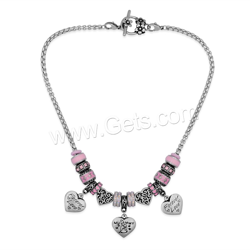 European Match Necklace, 316L Stainless Steel, Heart, different length for choice & box chain & enamel & with rhinestone & blacken, 400-500mm, Sold By Strand
