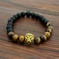 Black Agate Bracelets, with Tiger Eye & Zinc Alloy, Lion, antique gold color plated, natural & frosted, 8mm Approx 7 Inch 