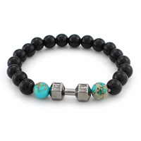 Black Agate Bracelets, with Impression Jasper & Zinc Alloy, Barbell, plumbum black color plated, natural, 8mm Approx 7 Inch 