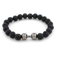 Lava Bead Bracelet, with Zinc Alloy, Barbell, plumbum black color plated, natural, 8mm Approx 7 Inch 