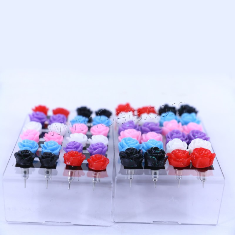 Resin Stud Earring, iron post pin, Flower, platinum color plated, different size for choice & colorful powder, mixed colors, 12Pairs/Bag, Sold By Bag