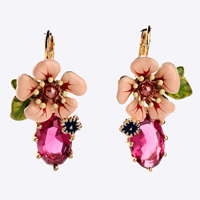 Fashion Statement Earring, Zinc Alloy, with Crystal, brass earring lever back clip, Flower, gold color plated, enamel & faceted & with rhinestone 