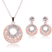 Rhinestone Zinc Alloy Jewelry Set, earring & necklace, with plastic earnut & iron chain, stainless steel post pin, with 5cm extender chain, Flat Round, rose gold color plated, oval chain & with rhinestone, lead & cadmium free  Approx 16.5 Inch 