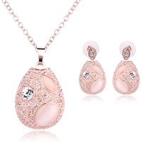 Rhinestone Zinc Alloy Jewelry Set, earring & necklace, with plastic earnut & iron chain & Cats Eye, stainless steel post pin, with 5cm extender chain, Teardrop, rose gold color plated, oval chain & with rhinestone, pink, lead & cadmium free Approx 16.5 Inch 