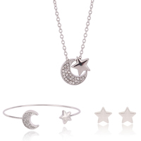 Rhinestone Zinc Alloy Jewelry Set, bangle & earring & necklace, with iron chain, stainless steel post pin, Moon and Star, platinum color plated, oval chain & with rhinestone, lead & cadmium free  Inner Approx 55mm Approx 6.5 Inch, Approx  17.5 Inch 