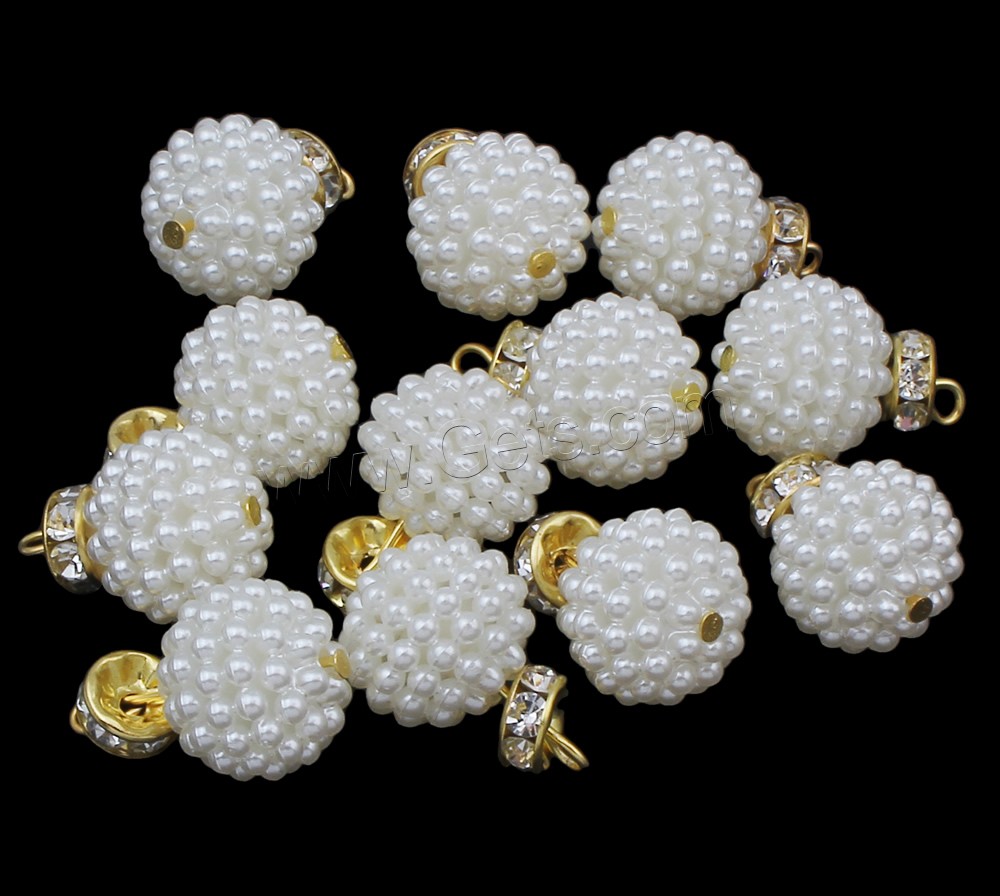 ABS Plastic Pendants, ABS Plastic Pearl, with OPP Bag & Brass, Round, gold color plated, different size for choice & with rhinestone, white, nickel, lead & cadmium free, Hole:Approx 2mm, 12PCs/Bag, Sold By Bag