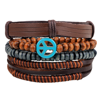 Cowhide Bracelet Set, with Waxed Cotton Cord & Wood, Peace Logo, adjustable Approx 7-7.9 Inch  