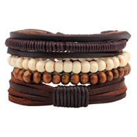 Cowhide Bracelet Set, with Waxed Cotton Cord & Wood, adjustable Approx 7-7.9 Inch  