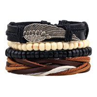 Cowhide Bracelet Set, with Waxed Cotton Cord & Wood & Zinc Alloy, Wing Shape, antique silver color plated, adjustable Approx 7-7.9 Inch  