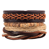 Cowhide Bracelet Set, with Waxed Cotton Cord & Linen & Wood, adjustable Approx 7-7.9 Inch  