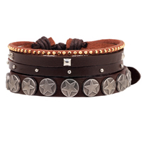 Cowhide Bracelet Set, with Waxed Cotton Cord & Zinc Alloy, plated, with rivet stud & adjustable Approx 7-7.9 Inch  