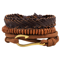 Cowhide Bracelet Set, with Waxed Cotton Cord & Nylon Cord & Wood & Zinc Alloy, Pirate Fishhook, gold color plated, nautical pattern & adjustable Approx 7-7.9 Inch  