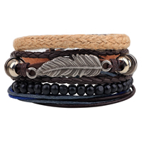 Cowhide Bracelet Set, with Waxed Cotton Cord & Linen & PU Leather & Wood & Zinc Alloy, Feather, antique silver color plated, adjustable Approx 7-7.9 Inch  