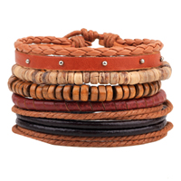 Cowhide Bracelet Set, with Waxed Cotton Cord & Coco & PU Leather & Wood & Zinc Alloy, platinum color plated, with rivet stud & adjustable Approx 7-7.9 Inch  