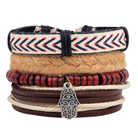 Cowhide Bracelet Set, with Waxed Cotton Cord & Linen & Wood & Zinc Alloy, Evil Eye Hamsa, antique silver color plated, charm bracelet & Islamic jewelry & adjustable Approx 7-7.9 Inch  