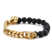 Lava Bead Bracelet, with Stainless Steel, Skull, gold color plated, natural & curb chain, 8.5mm Approx 8.5 Inch 