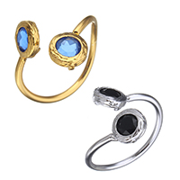 Brass Cuff Finger Ring, with Glass, plated, faceted 16.5mm, US Ring 