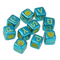 Plating Acrylic Beads, Cube, UV plating, mixed pattern & with letter pattern, blue Approx 3mm, Approx 