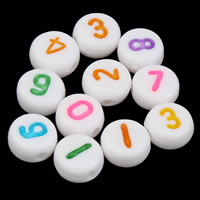 Acryl Zahlen Perlen, mit einem Muster von Nummer & gemischt & Volltonfarbe, weiß, 7x4mm, Bohrung:ca. 1mm, ca. 3000PCs/Tasche, verkauft von Tasche