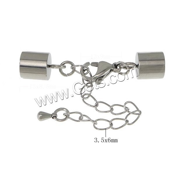 Stainless Steel Lobster Claw Cord Clasp, different size for choice & with end cap, original color, 3.5x6x0.5mm, Length:Approx 2.5 Inch, Sold By Set