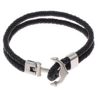 Men Bracelet, Stainless Steel, with PU Leather, Anchor, nautical pattern, black Approx 9 Inch 