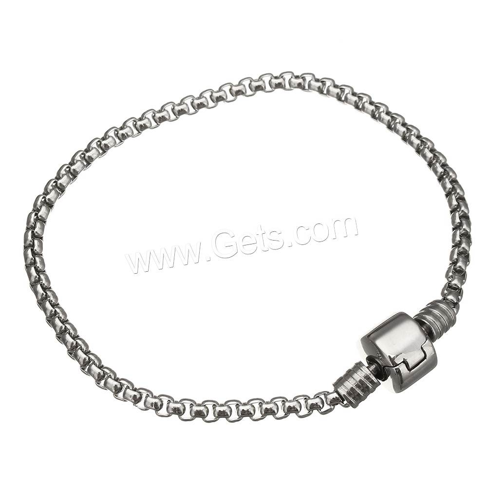 Stainless Steel European Bracelet, different length for choice & box chain, original color, 3x2.5x2.5mm, Sold By Strand