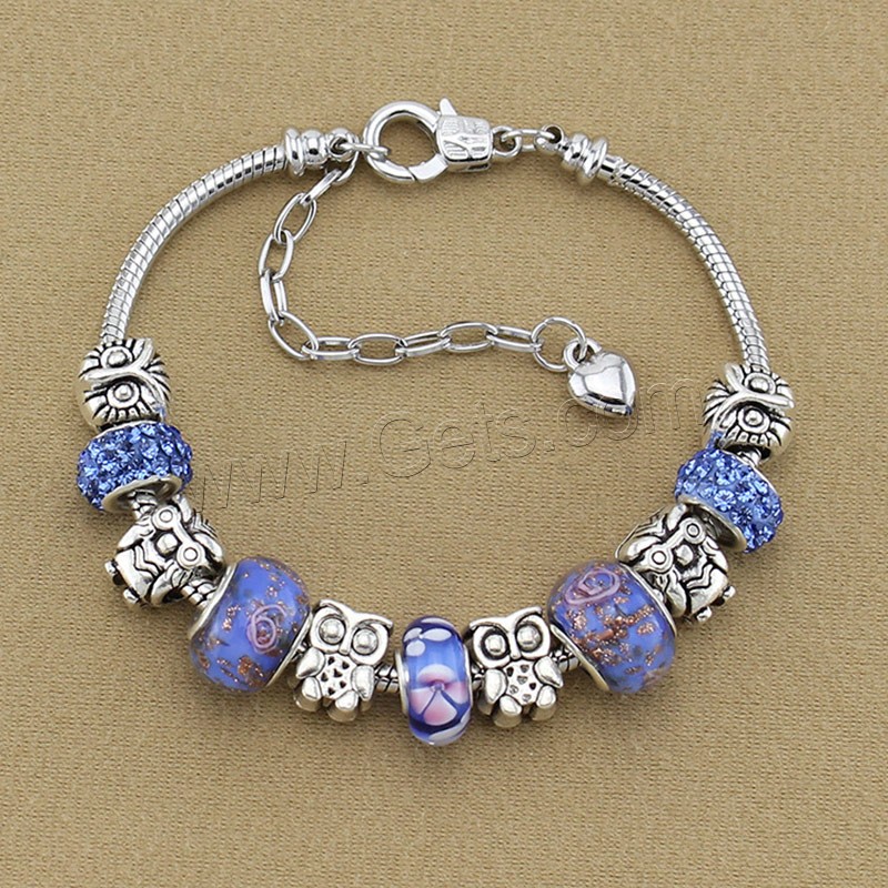 Zinc Alloy European Bracelets, with brass chain & Rhinestone Clay Pave & Lampwork, with 2 lnch extender chain, antique silver color plated, different length for choice, Sold By Strand